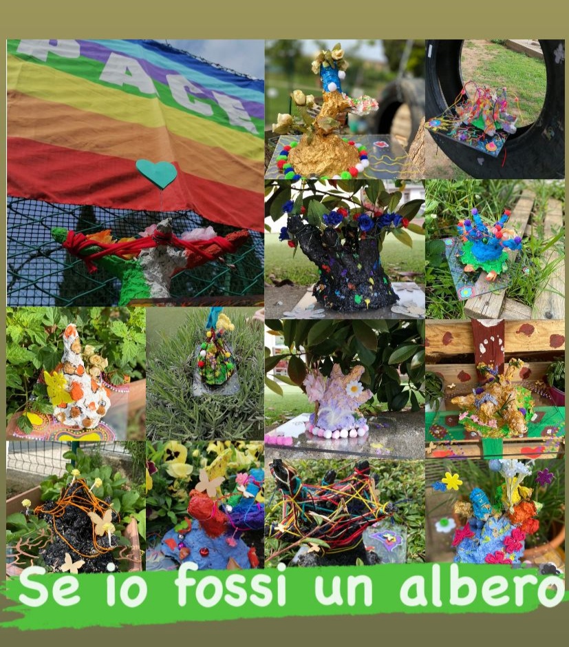 Collage fotografico degli alberi di carta pesta