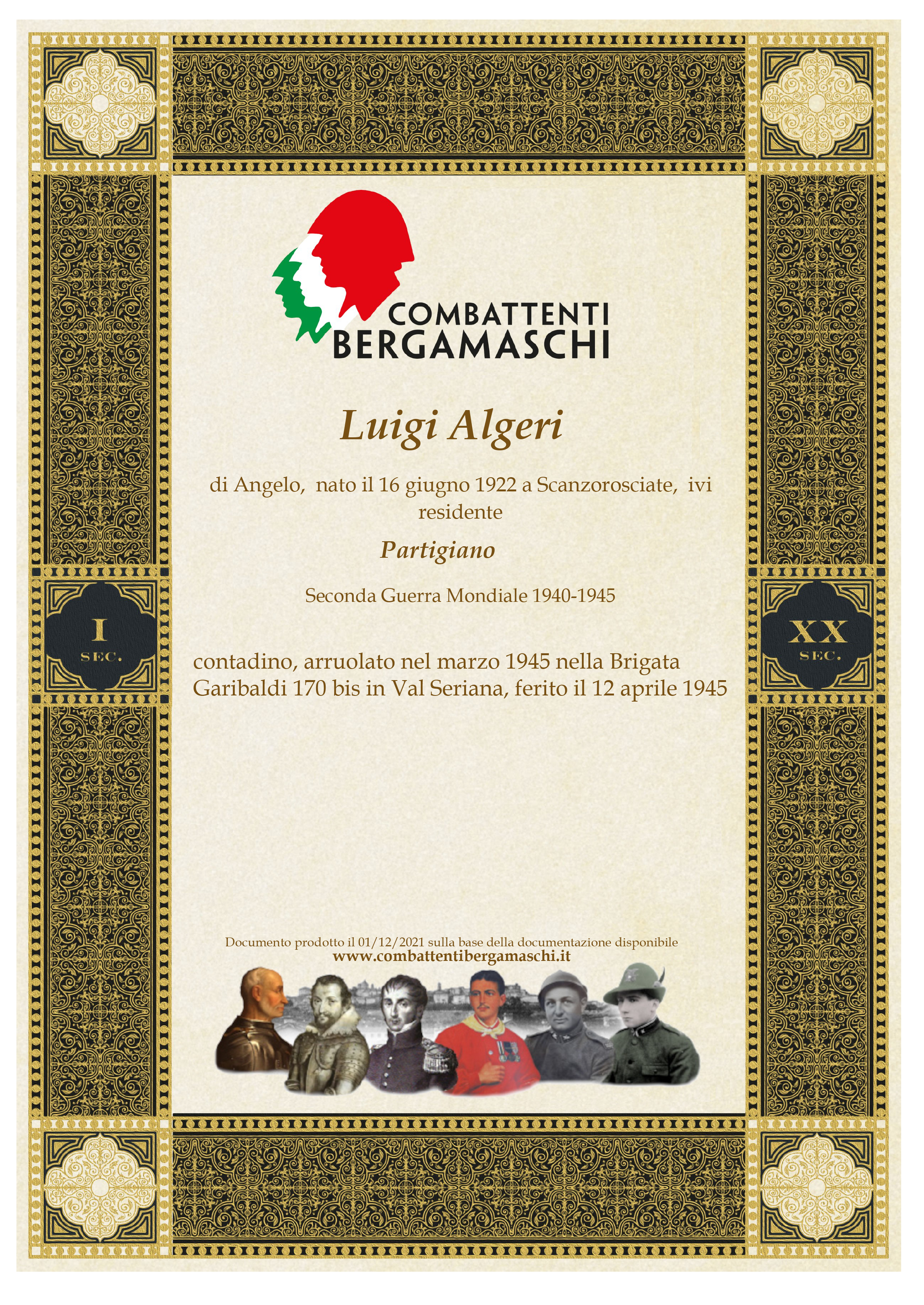 Attestato dei Combattenti Bergamaschi